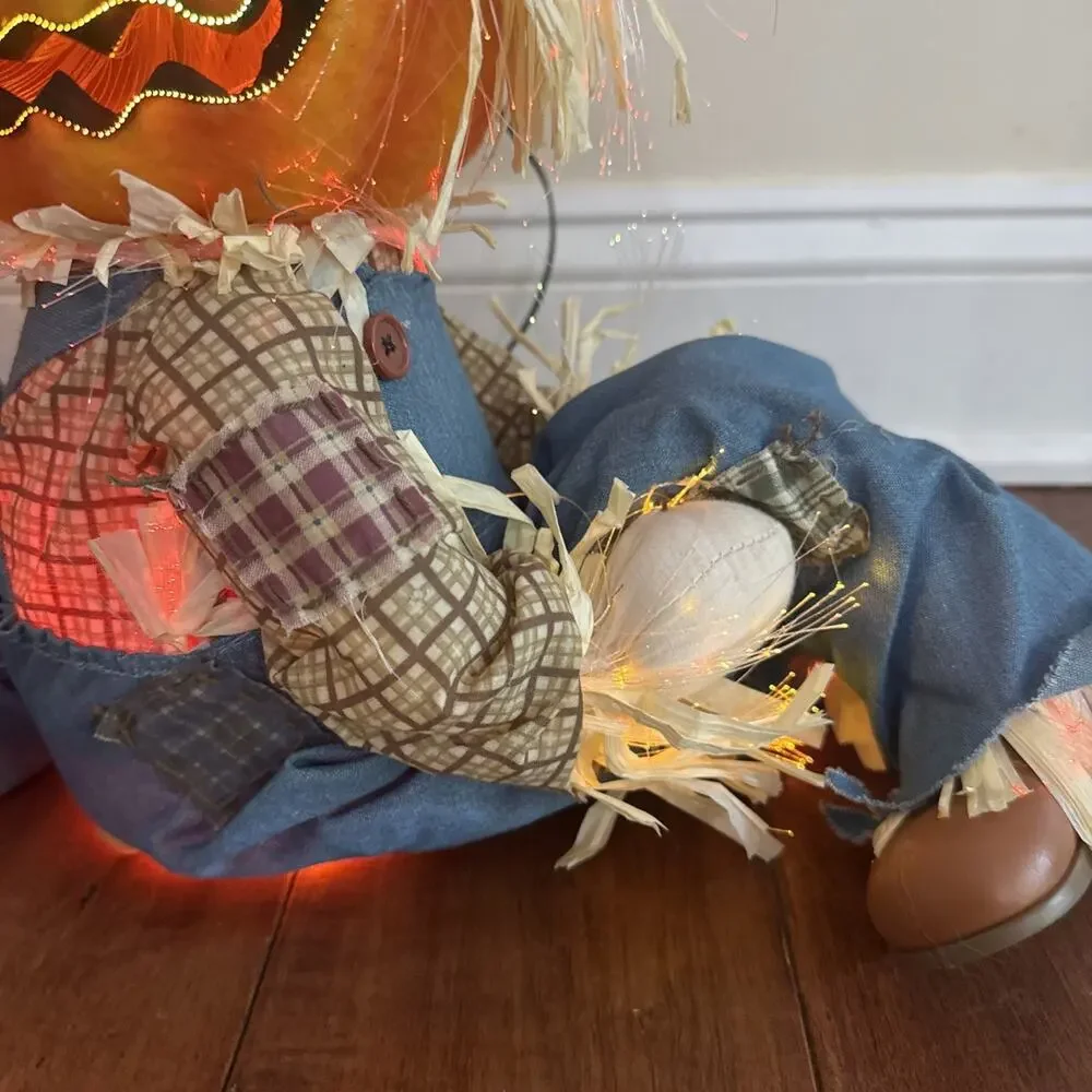 Gemmy Halloween Couple Sitting Fiber Optic Lights Yellow Scarecrow Pumpkin
